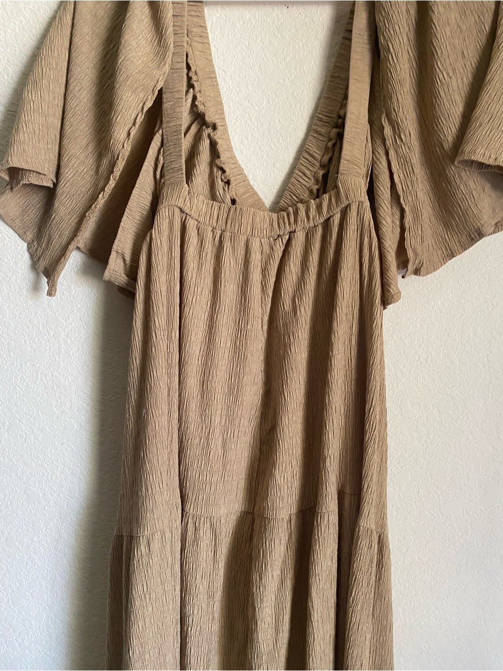 Sunnow Boho Crinkled Deep V Open Back Plissé Boho Smocked Maxi Dress Beige XL - Picture 16 of 16